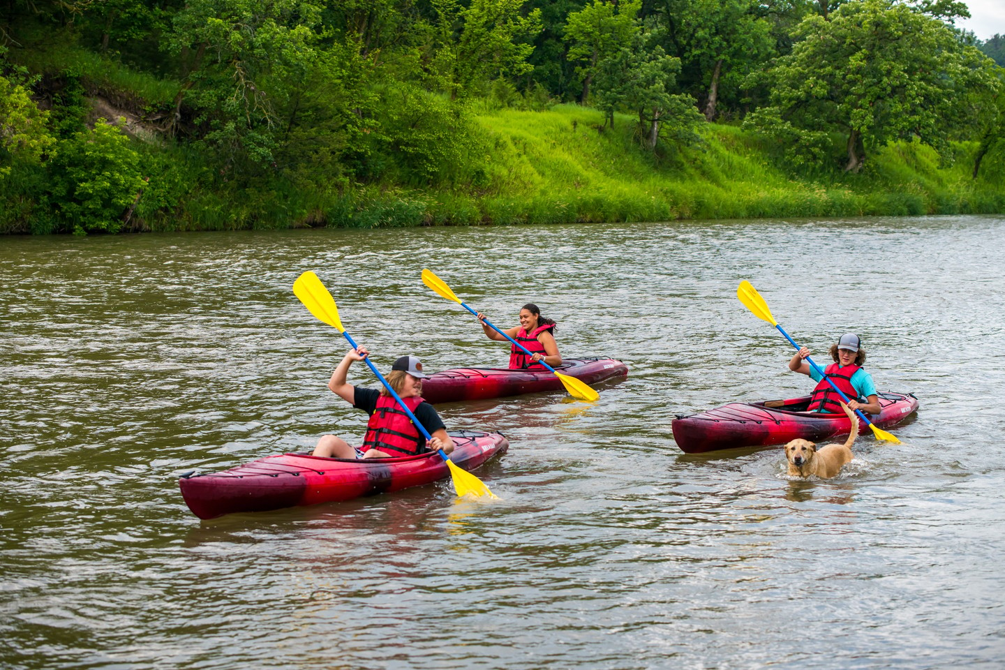 Three kayakers and their dog on the Niobrara National Scenic River.