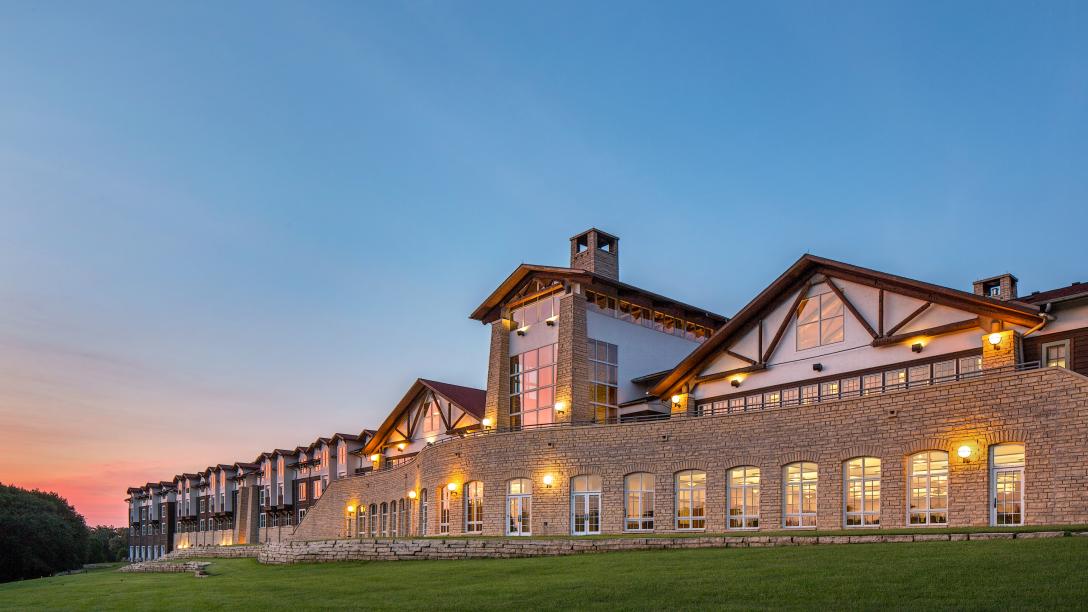 Exterior shot with the sun setting of the lied lodge