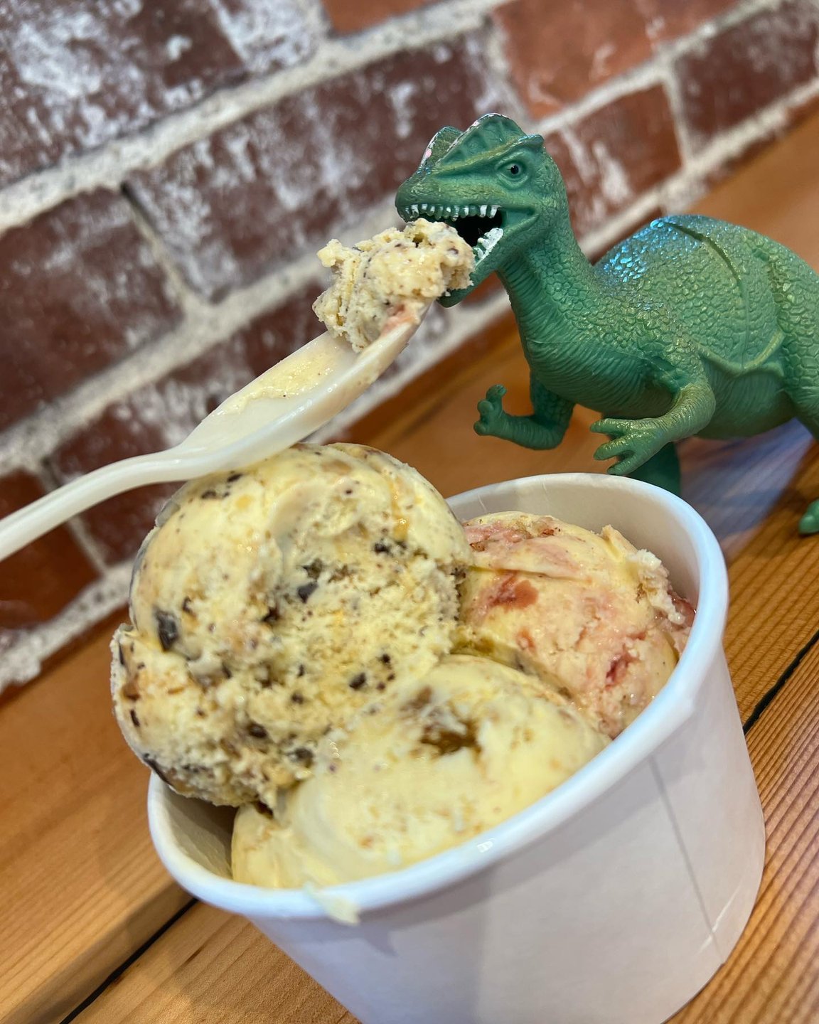 A toy dinosaur being fed ice cream at Coneflower Creamery.