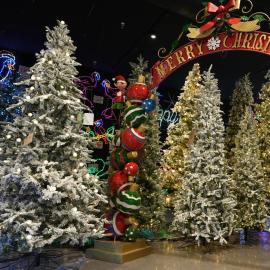 Christmas trees and holiday decorations inside of the Brite Ideas Decorating store.