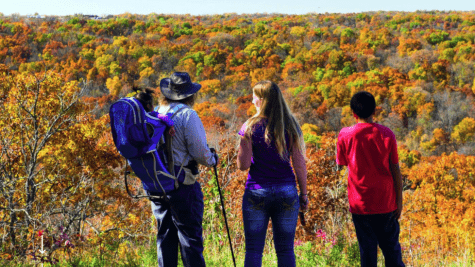 Backpackers looking over fall foliage.