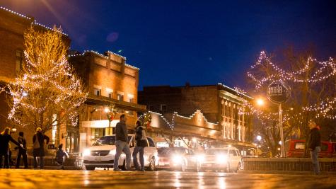 Holiday lights illuminating Omaha's Old Market district.